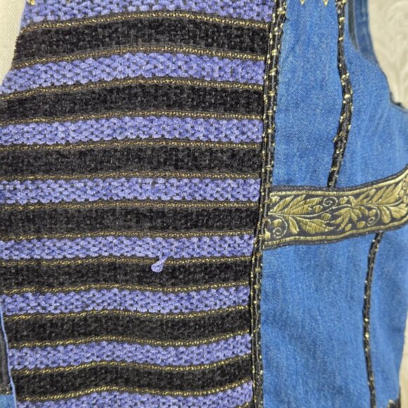 Vintage Tantrums Size Medium Chambray Patchwork Vest Velvet Embroidery Buttons - Picture 5 of 15